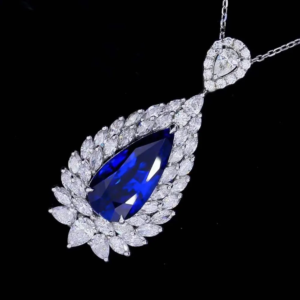 VANTJ Real Lab Grown Sapphire Pendant Sterling 10K Gold Moissanite Necklace Created Gemstone for Women Party Gift