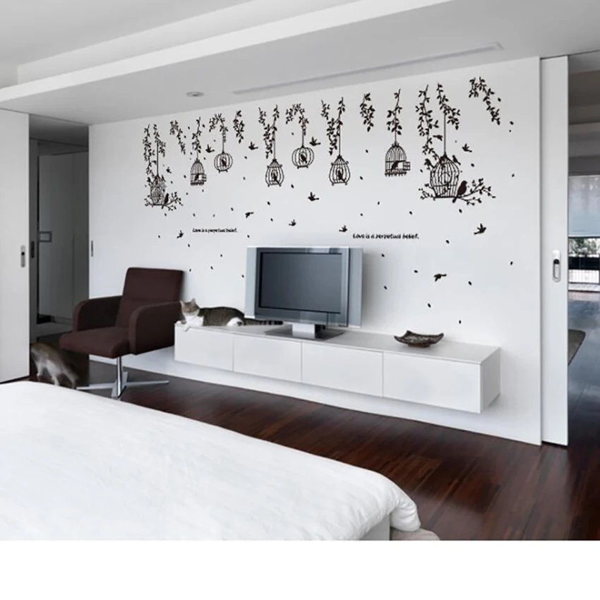 Black Garden Bird Cage Plants Tree Branch Wall Stickers Removable Living Room Wall Decals DIY Art Stickers Decoration 50x70cm
