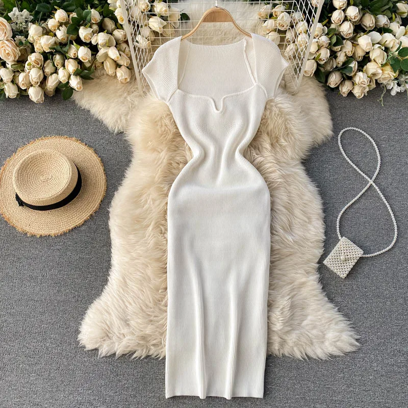 Croysier Spring Summer Short Cap Sleeve Knitted Sexy Bodycon Dress Back Slit Square Neck Casual Vintage Elegant Midi Dress Women