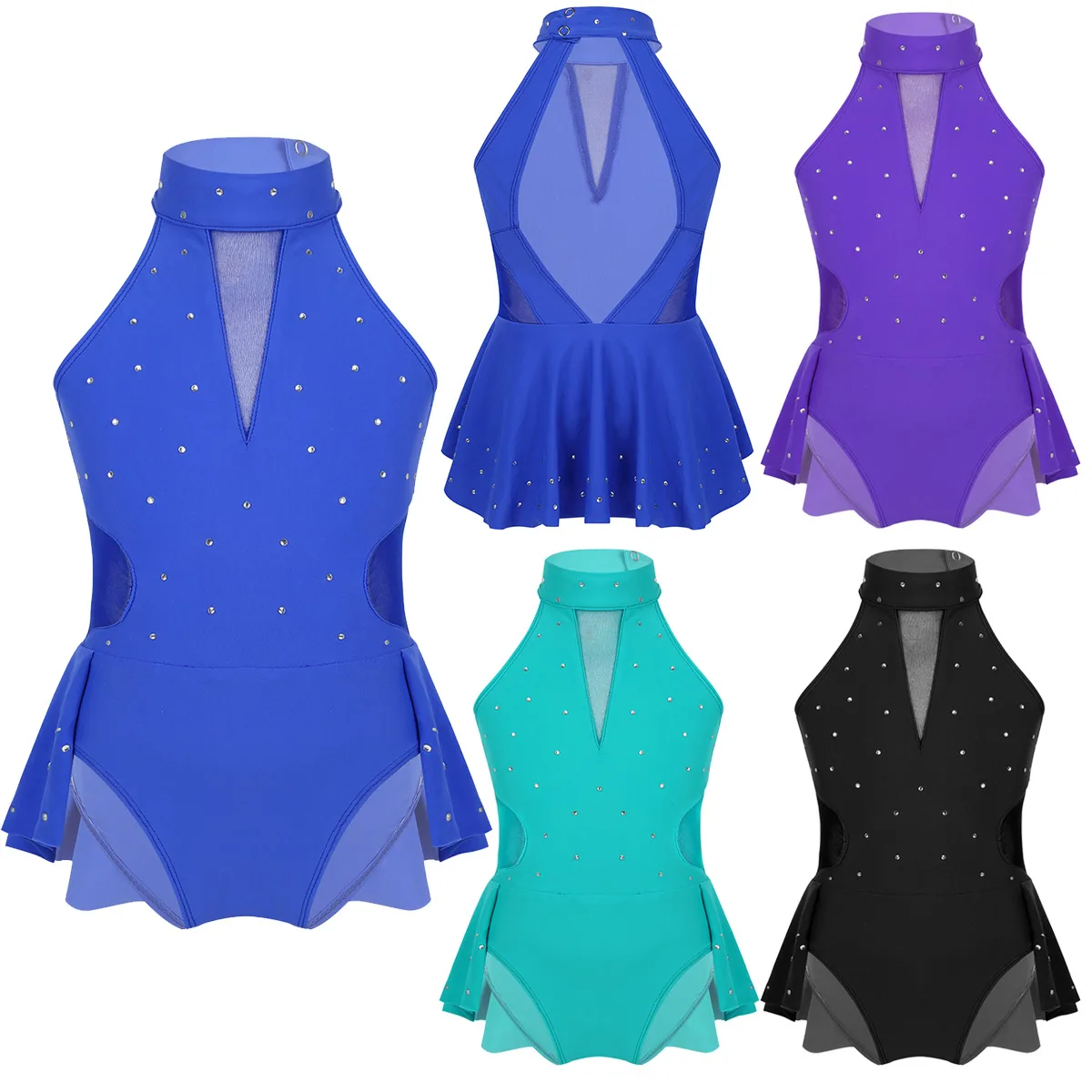 Sparkly Rhinestone Ballet Jurk Meisjes Kids Mouwloze Mesh Splice Gymnastiek Turnpakje Kunstschaatsen Kostuum Ballroom Dans Slijtage