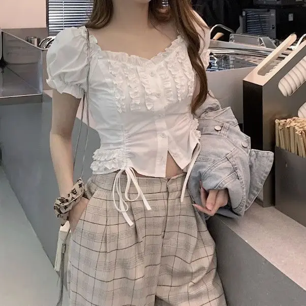 

Shirts Women Summer Ruffles French Square Collar Crop Top Blouses Slim Sexy Design Streetwear Aesthetic White All-match Clothes