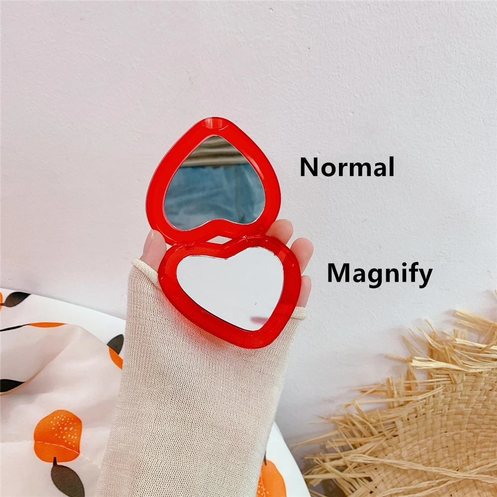 1PCs Mini Tragbare Make-Up Spiegel Herzförmige Kirsche Kompakte Taschenspiegel Doppelseitige Falten Kosmetik Spiegel T0667
