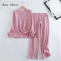 Women Cotton Pajamas Sets Water-Washed Cotton Sleepwear Quality Crepe Yarn Home Suits Pure Color Lounge Wear Indoor Clothe Pink