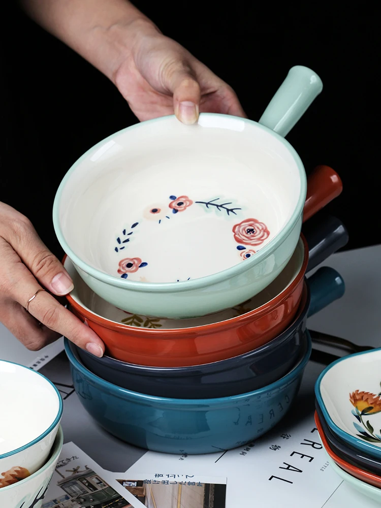 

EECAMAIL Four Seasons Hand-painted Series Ceramic Baking Bowl Handle Salad Bowl Noodle Bowl Breakfast Rice Roasted Bowl