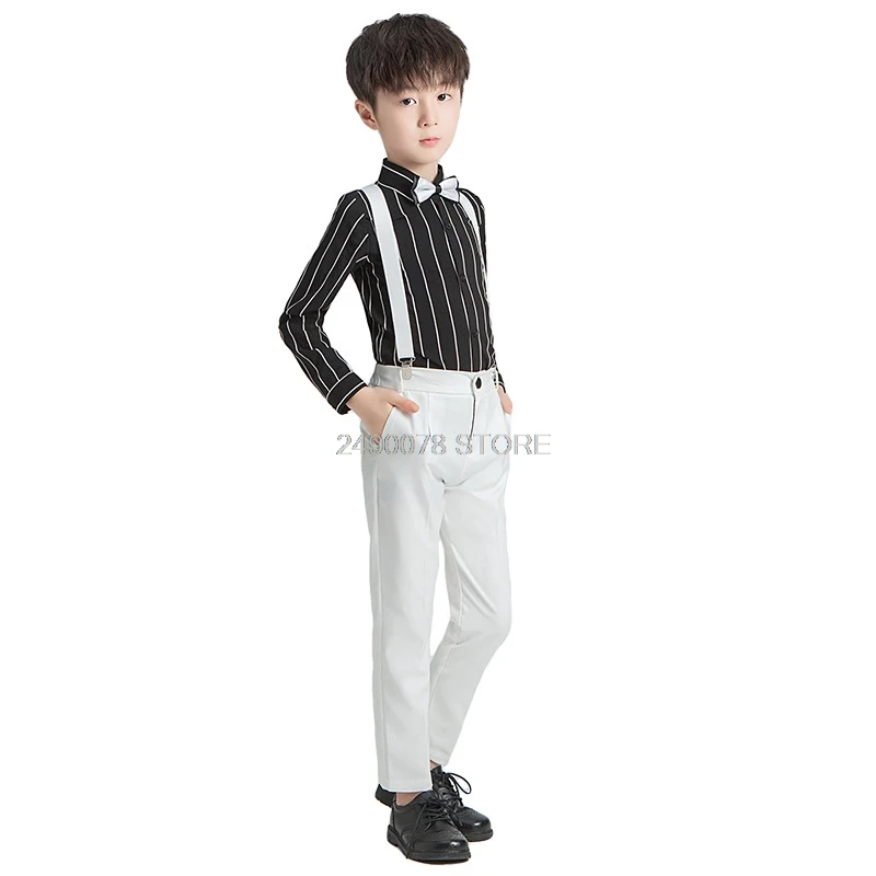 

School Kids Formal Student Dress Wedding Suit For Boy Gentleman Prince Kids Strap Shirt Pants Bowtie Piano Performance Costume