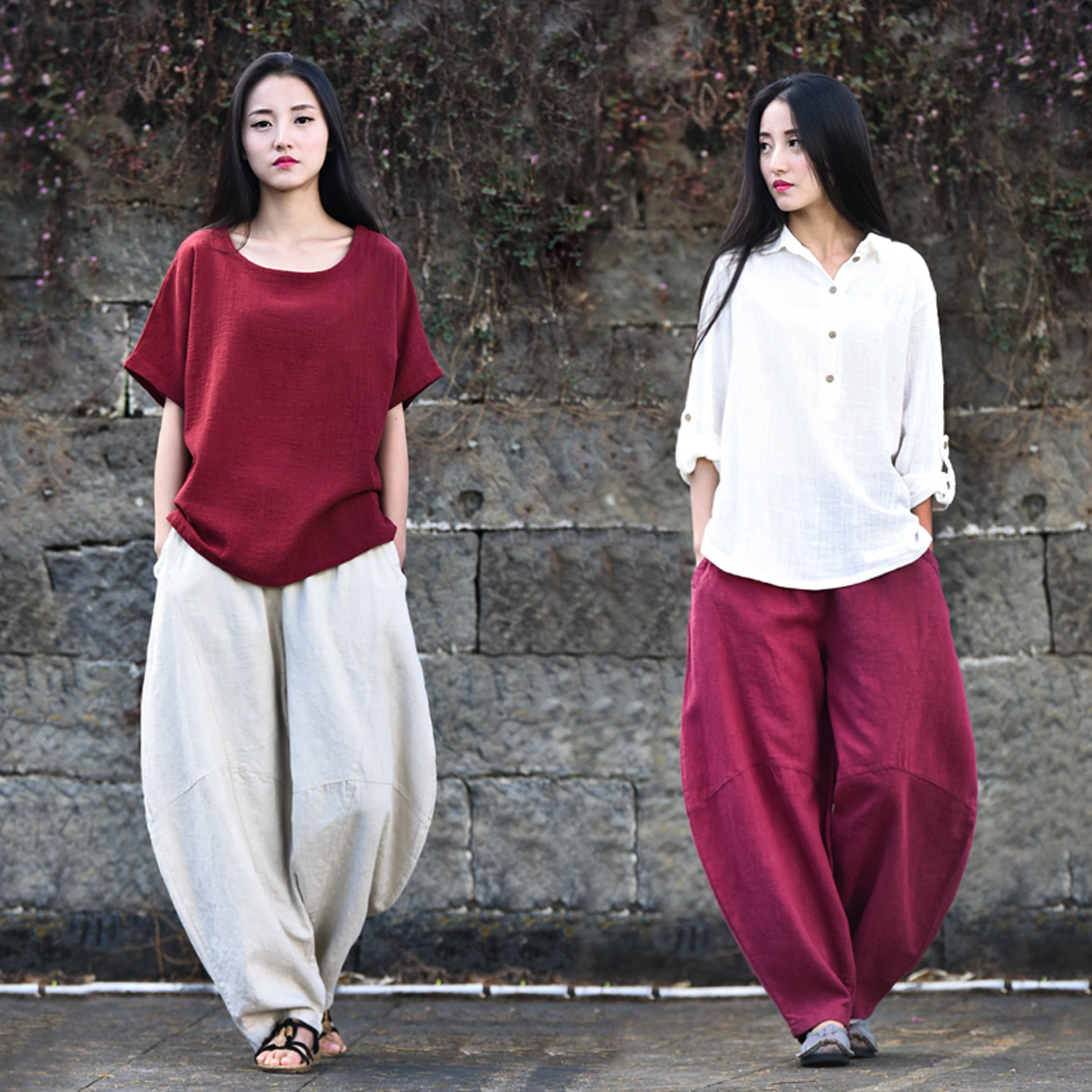 

Cotton Linen Vintage 2024 New Pants Women Soft Comfortable Harem Pants Casual Meditation Bloomer Beige Trousers Women Blue Red