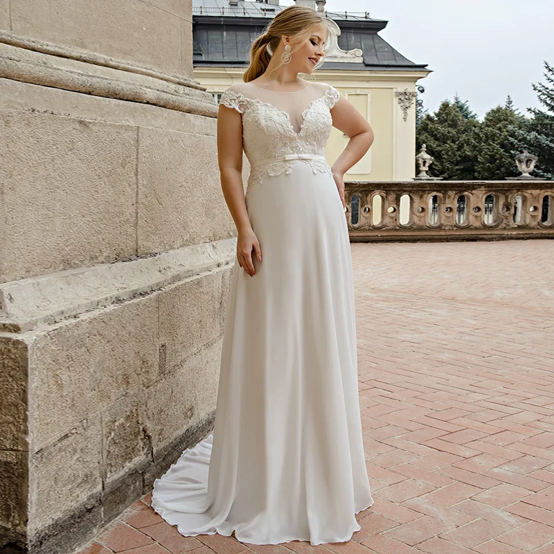 Abiti da sposa modesti in Chiffon taglie forti 2021 abito da sposa con scollo a v manica lunga con scollo a o su misura