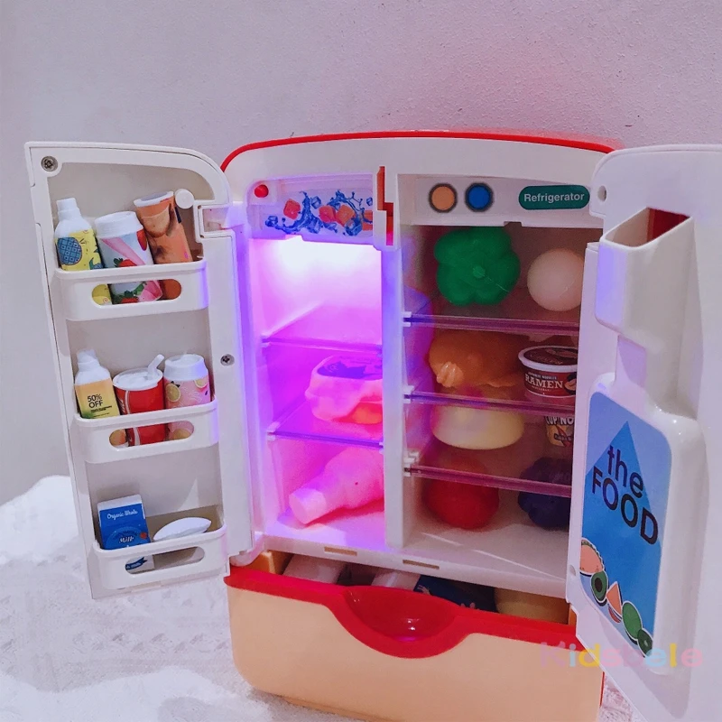 Refrigerador de juguete para niños, accesorios con dispensador de hielo, juegos de rol para niños, cocina, cortar alimentos, juguetes para niñas y