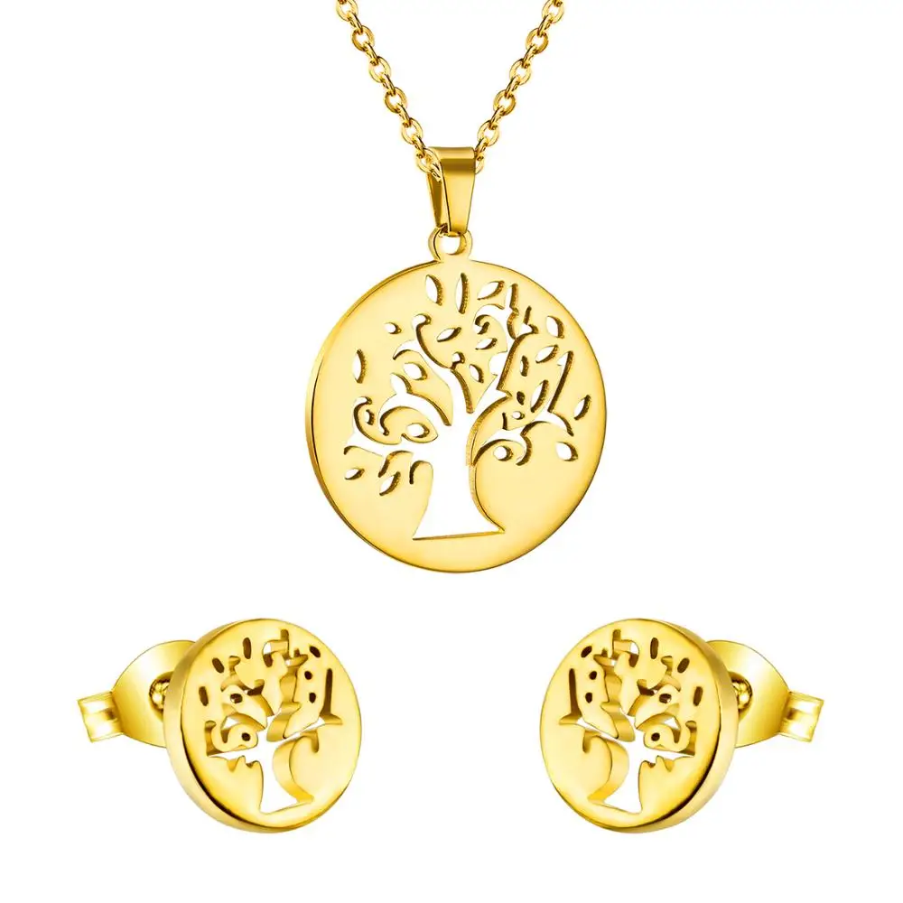 LUXUKISSKIDS Vintage Big Tree Golden Pendant Necklace and Earrings Dubai Indian Stainless Steel Jewelry Set For Women/ Girls