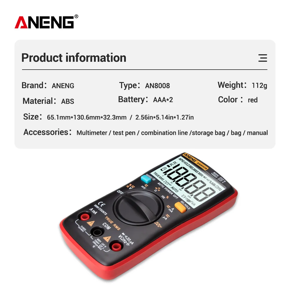 Digital Multimeter AN8008 9999 Counts Transistor True RMS Tester Auto Electrical Testers Voltage capacitor Power Meters Test