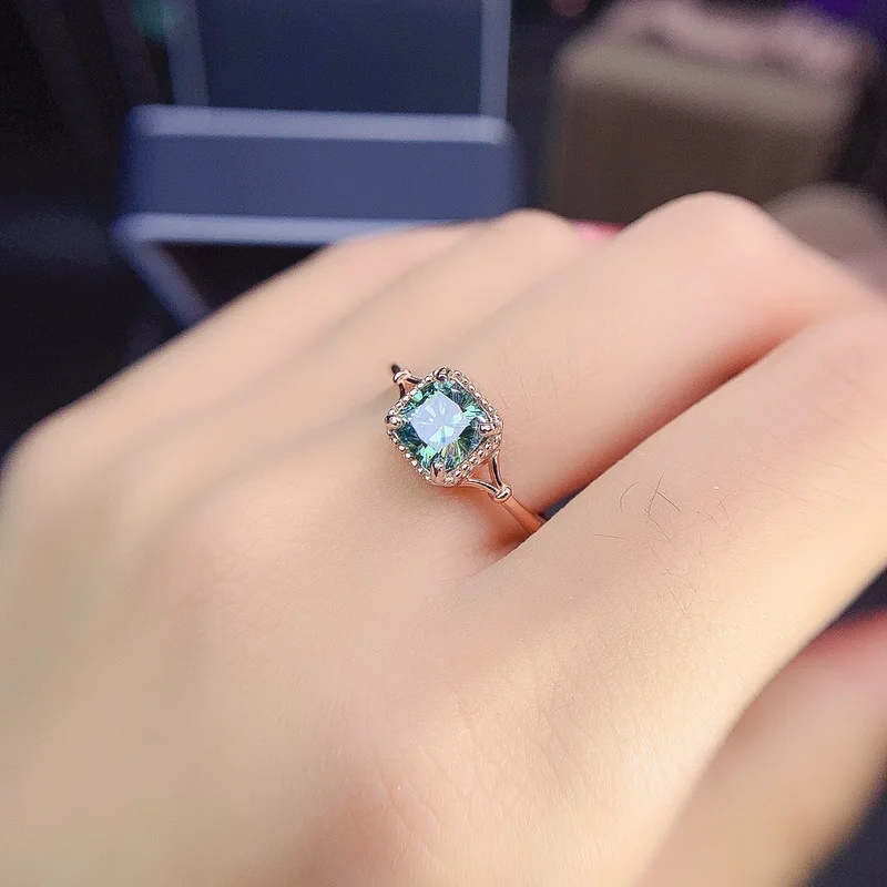 Green Moissanite Female Square Cut One Carat Wedding Anniversary Ring 925 Sterling Silver Birthday Party Jewelry