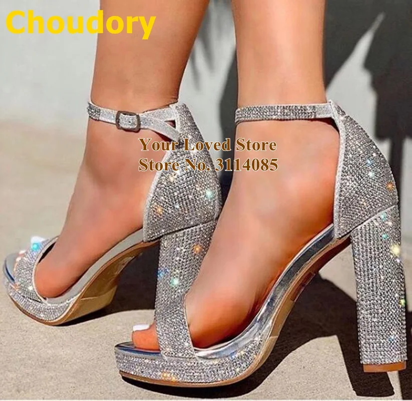 Choudory Bling Bling Chunky Heels Sandals Silver Black Crystal Platform Wedding Shoes Buckle Strap Glitter Party Shoes Size46