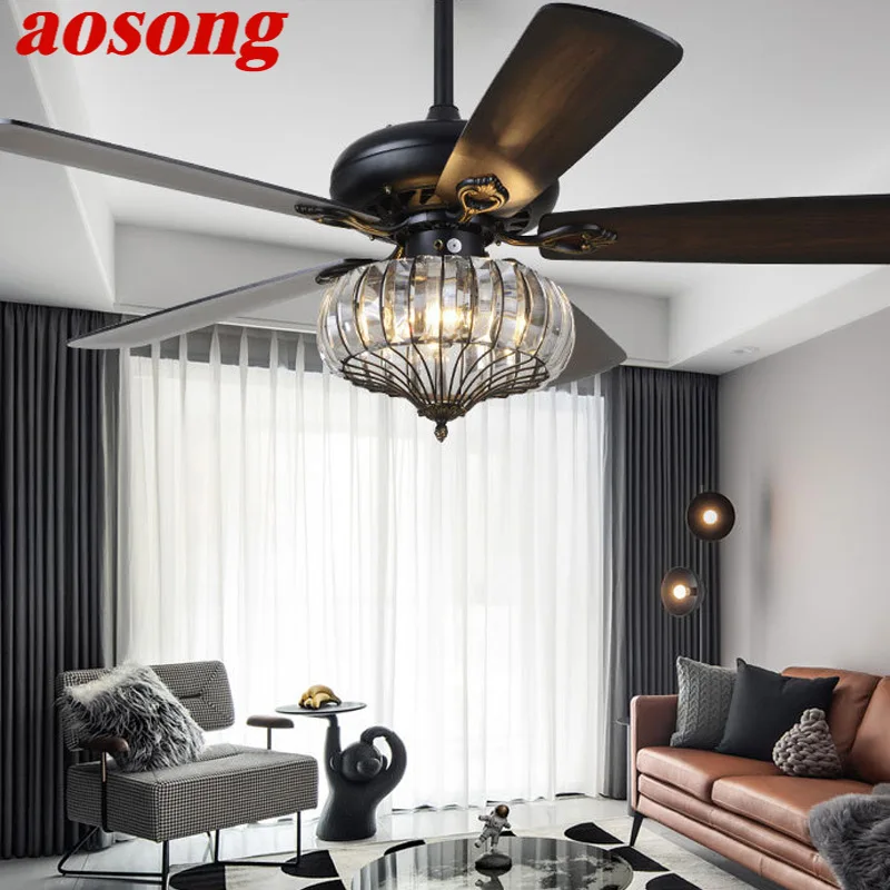 AOSONG Contemporary LED Fan Ceiling Lamp With Remote Control Black Crystal Lighting For Home Dining Room Bedroom Restaurant