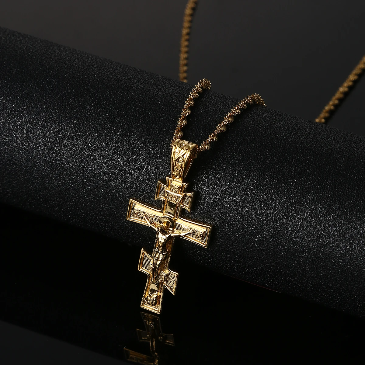 Christian Orthodox Crucifix Jesus Necklace Russian Cross Prayer Pendant Gold Color INRI Crucifix Cross Pendant Necklace Men