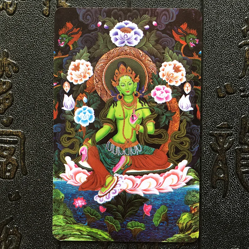 Green Tara mantra wheel - heart mantra, PVC card, Thangka, Amulet of peace, Buddhist card