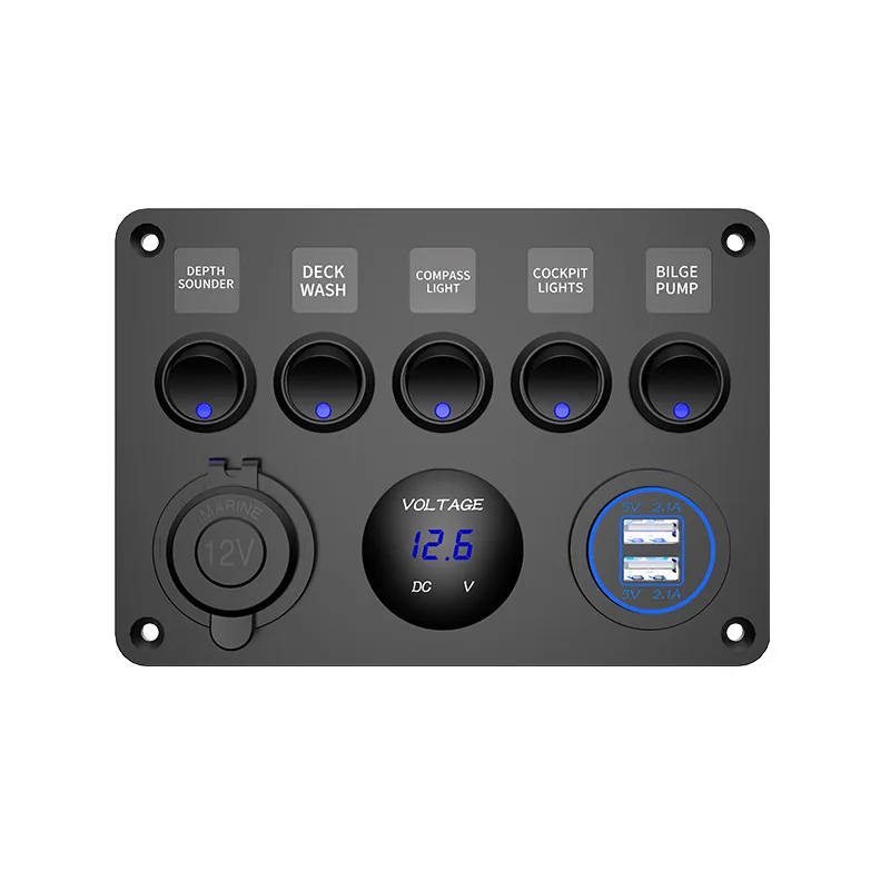 ELING ON-OFF 5 Gang Switch Panel Marine Boat Rocker LED Voltage Display +5V 2.1A USB Charger+Cigarette Lighter for Car Trucks