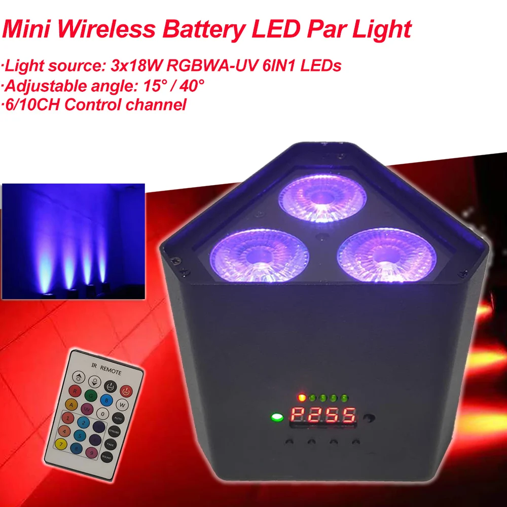 

Mini Wireless Battery LED Par RGBWA UV 6IN1 LED Wash Light 3x18W High Power Bright DJ Party Christmas Stage DMX Night Uplight