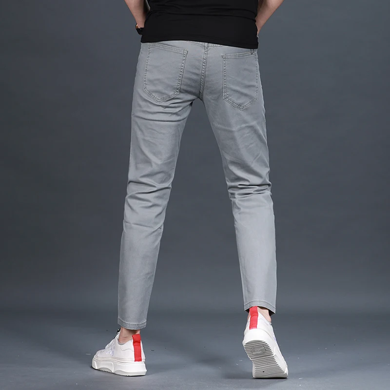 Summer Men's Gray Jeans Ankle-Length Pants Korean Style Casual Slim Fit Denim Trousers