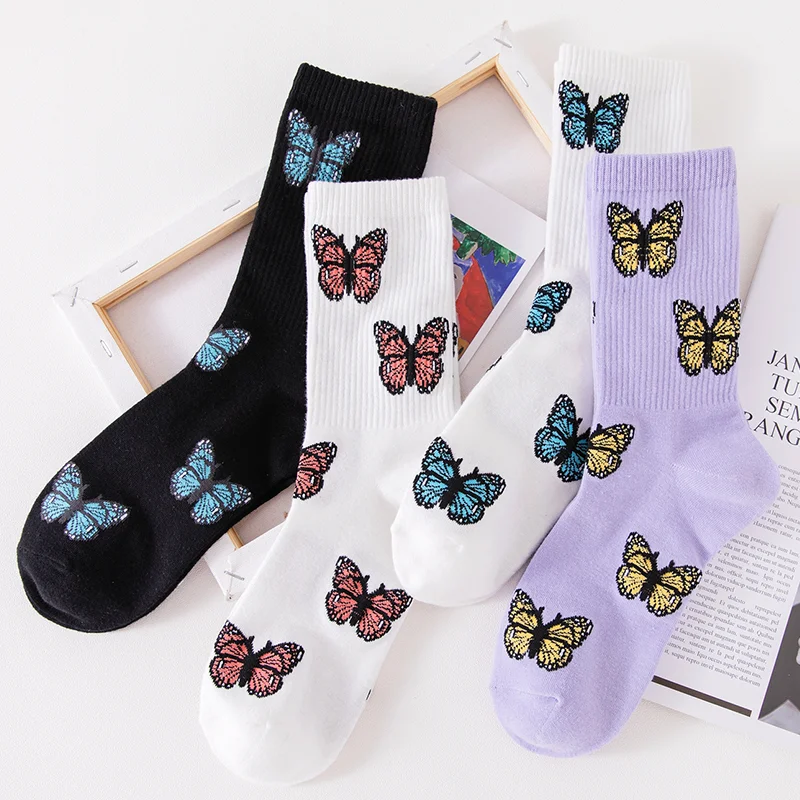 New Butterfly Socks Women Streetwear Harajuku Crew Kawaii Stripe Fashion Ankle Funny Embroidered Expression