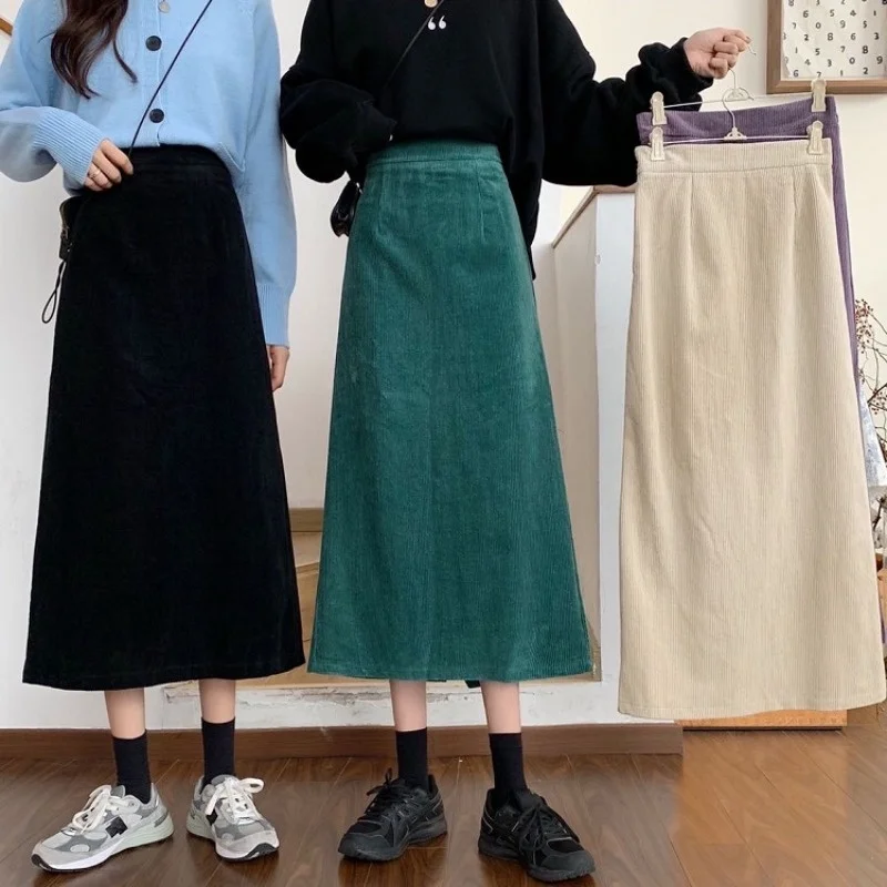 

Women Elegant Vintage High Quality Corduroy Skirt Solid Color Fashion Empire Waist Skirts Female Slim Fitting A Line Skirts