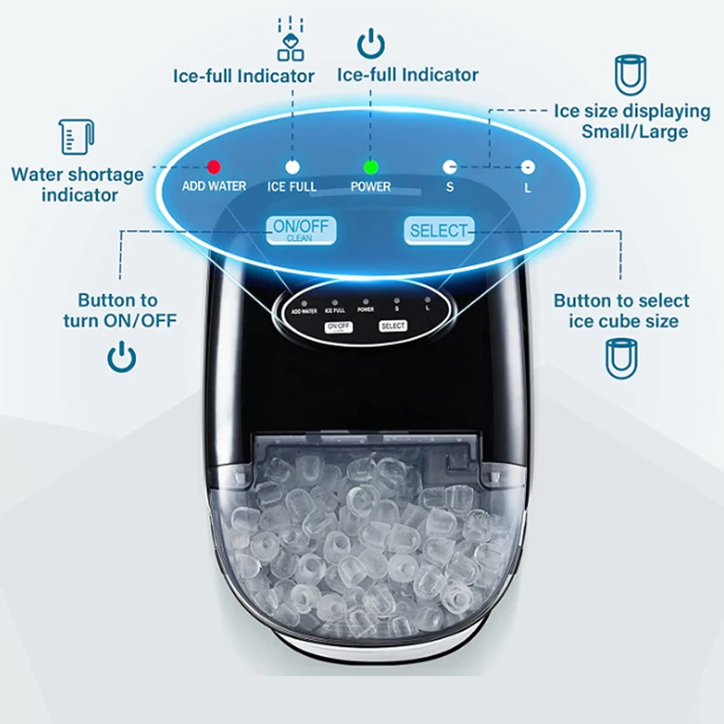 HICON-máquina de hielo eléctrica cilíndrica para el hogar, máquina de fabricación de cubitos de hielo de bala de 15KG/24H, encimera para tienda