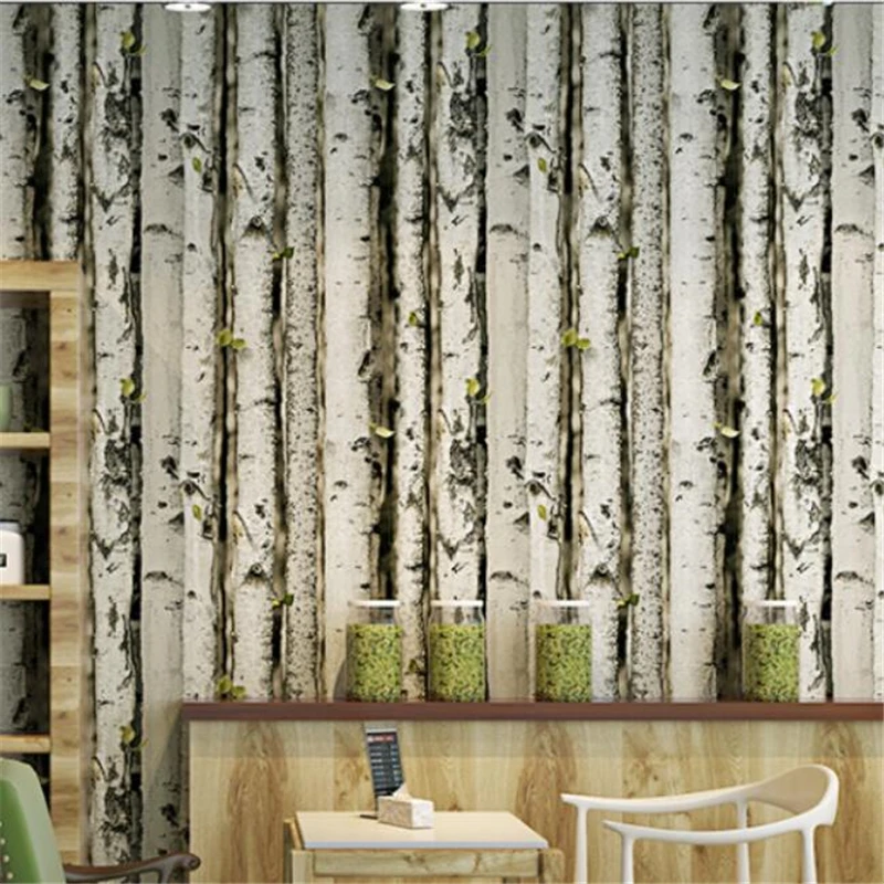 wellyu 3D three-dimensional birch forest bark tree pattern wallpaper personality coffee restaurant retro nostalgic wallpaper