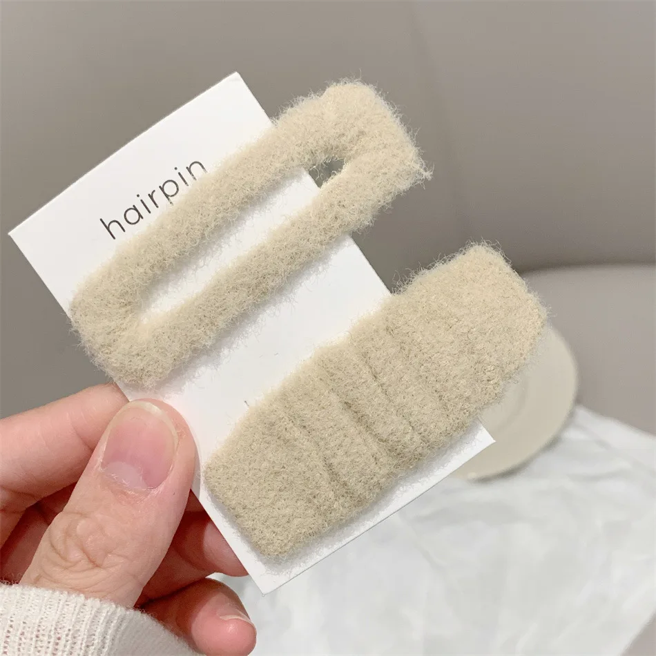 2pcs Fashion Warm Woolen Hairpin Solid Rectangle Hair Clip Korean Style Simple Hair Snap Side Hair Holder Bobby Pin For Women