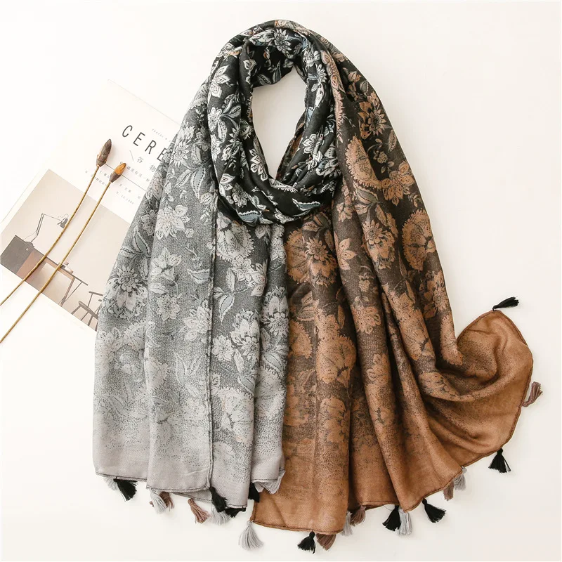 

Fashion Autumn Women Tassel Viscose Scarf Ombre Vintage Floral Hijab Shawls and Wraps Female Foulard Echarpe Designer 180*90Cm