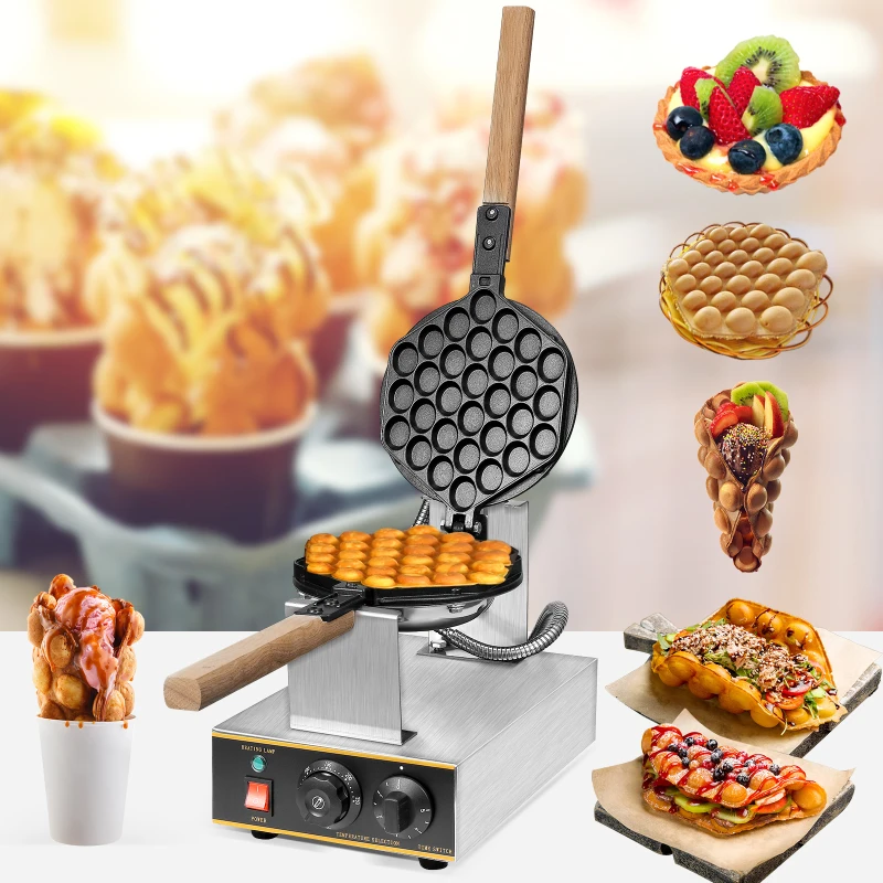 

1400W Commercial Electric Egg Bubble Waffle Maker Machine Wood Handle Stainless Steel Body Non-Stick Kitchen Home US/EU Plug