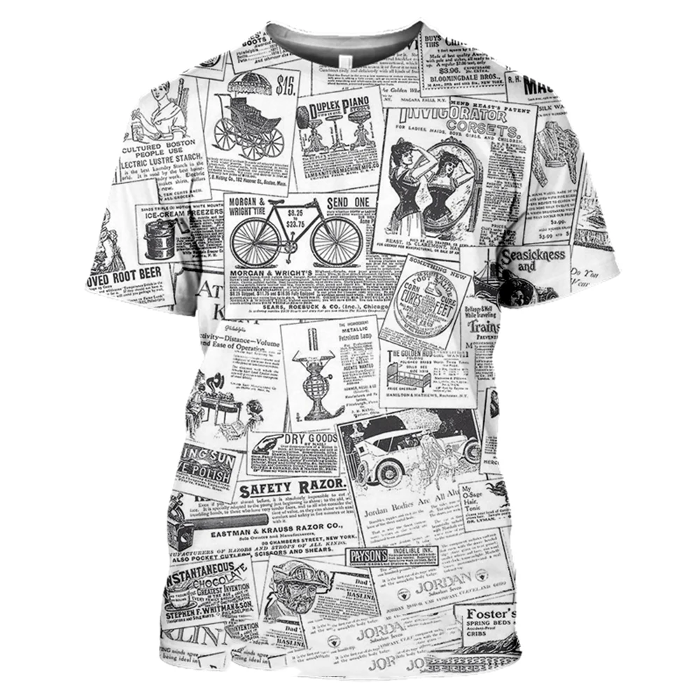 Men T-shirts Old Newspaper 3D Print Women Casual Fashion Hip Hop Funny Short Sleeve Streetwear Vintage Tees Tops Shirt