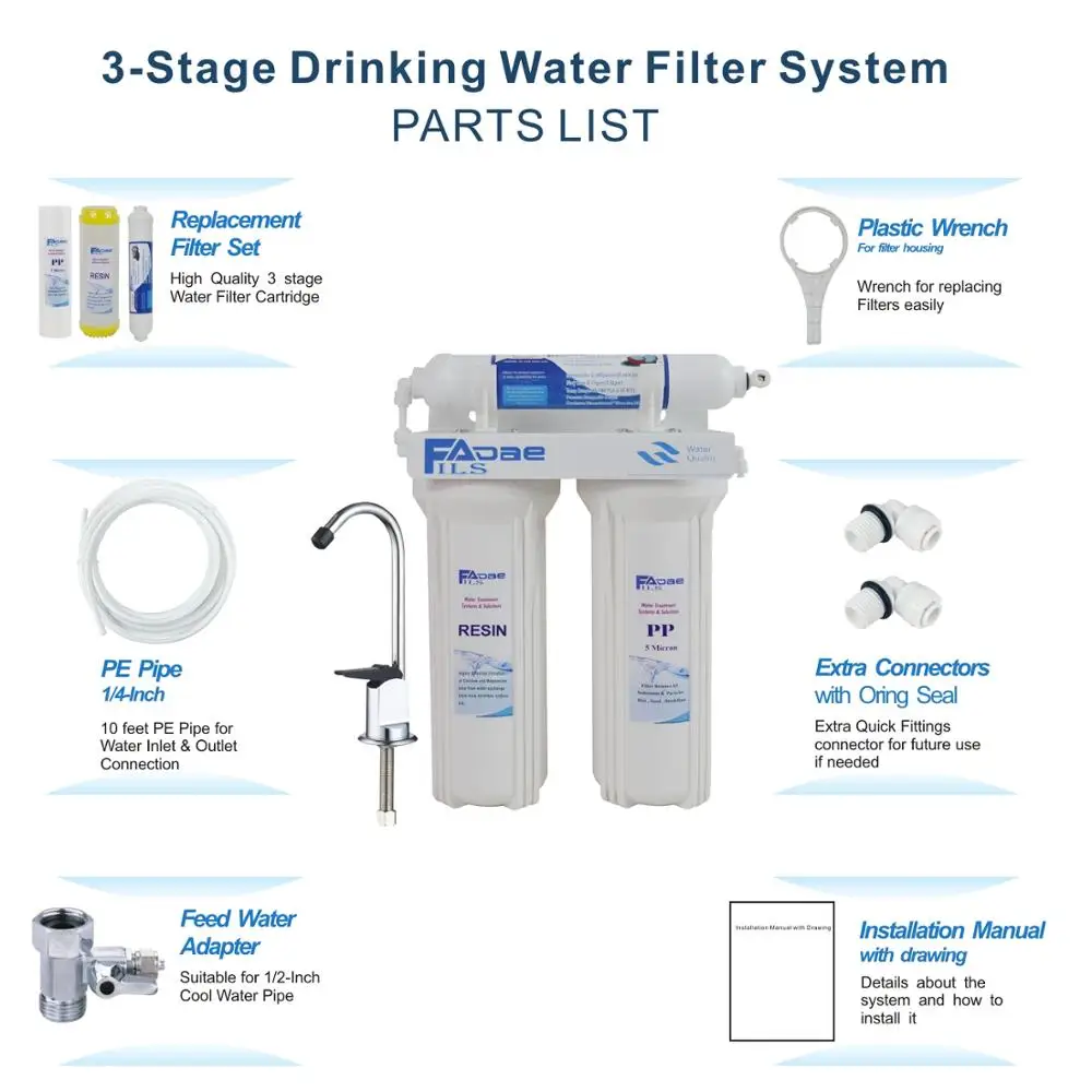 Kualitas Tinggi! Sistem Filtrasi Air Minum 3 Tahap Di Bawah Air Wastafel Pembersih Resin Lunak untuk Skala, Air Kekerasan