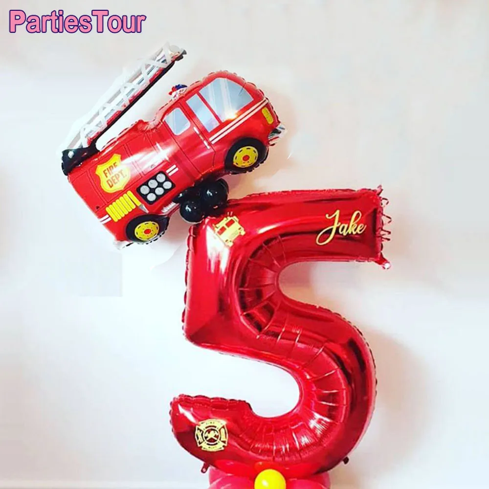 Fire Party Decor Set Include Number Foil Balloon and Mini Fire Truck Ballon Firefighter Birthday Balloon for Rescue Themed Party