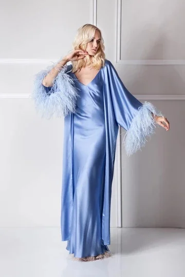 Blue Women Feather Bathrobe Sleepwear Two Pieces Night Robe Kimono Dressing Gown Babydoll Lingerie Bath Robe Luxury Nightgown