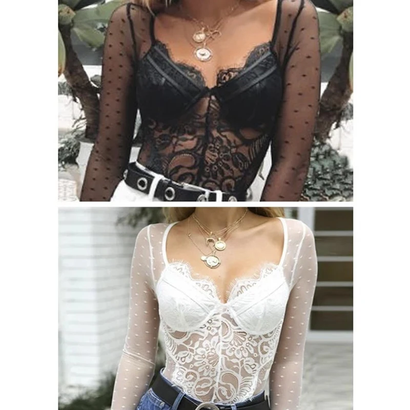 Hot Long Sleeve Lace Hollow Women Sleepwear Black White Color Bodysuit Sexy Mesh Transparent Jumpsuit Bralette Body Suit