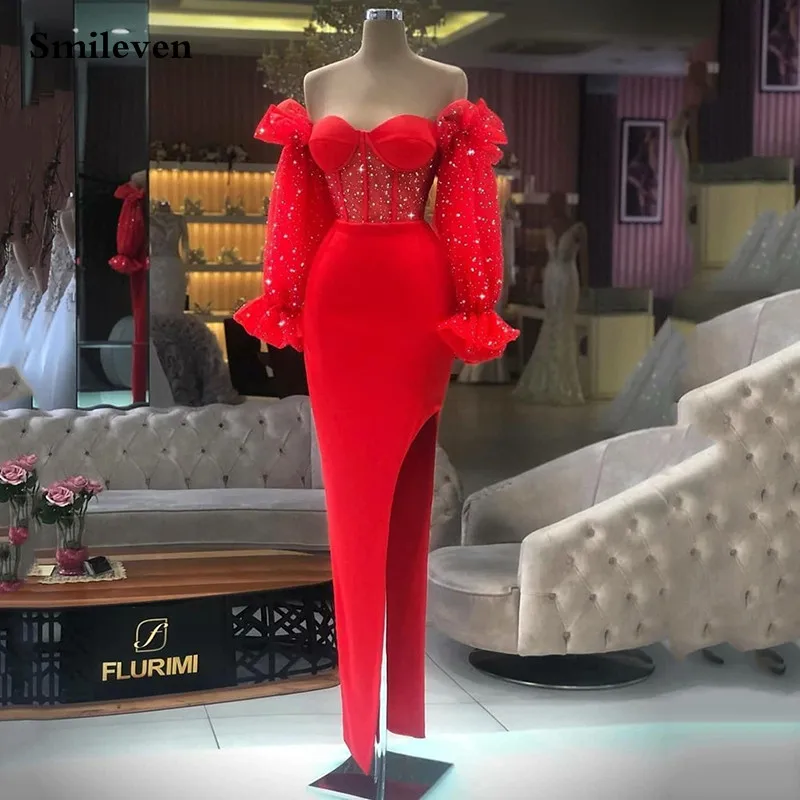 Smileven – robe de soirée sirène en Satin rouge, manches longues bouffantes, robe de bal fendue sur le côté, robe de soirée