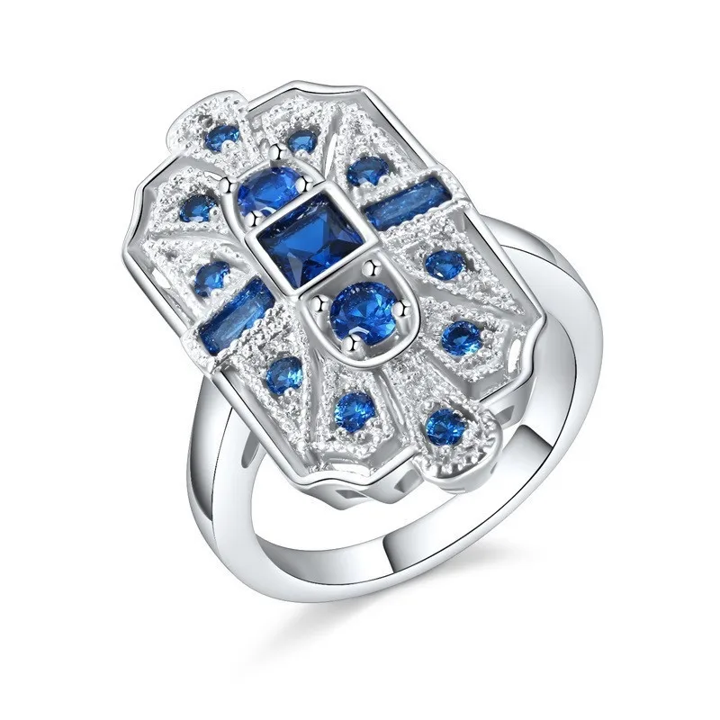 Women's Fashion  Blue Stone Rings Female Cocktail Ring CZ Charm Bridal Engagement Wedding Band Jewelry Gift