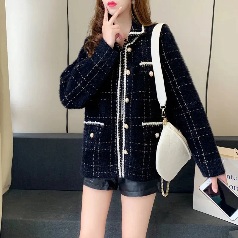 

Autumn Winter Fleece Waterproof Mink Women Jacket Korean Fashion Plaid Pearl Buttons All-Match Outwear Vintage Elegant Lady Coat
