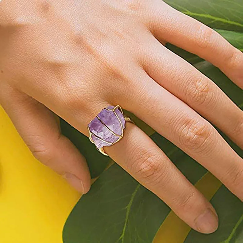 Irregular Genuine Stone Ring for Women Full Wire Wrapped Rose Quartz Fluorite Gold-color Resizable Reiki Healing Crystal Jewelry