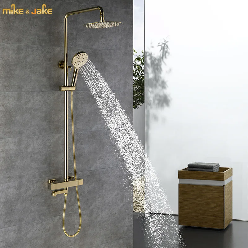 Luxury gold constant square shower set shiny gold round rainfall shower faucet gold bath shower mixer thermostatic shower mixer