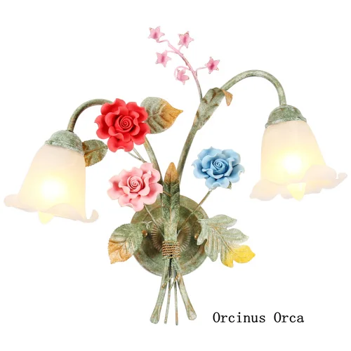 Mediterranean Pastoral Flower Wall Lights Living Room Corridor Bedside Lights Country Rose Glass Wall Lights