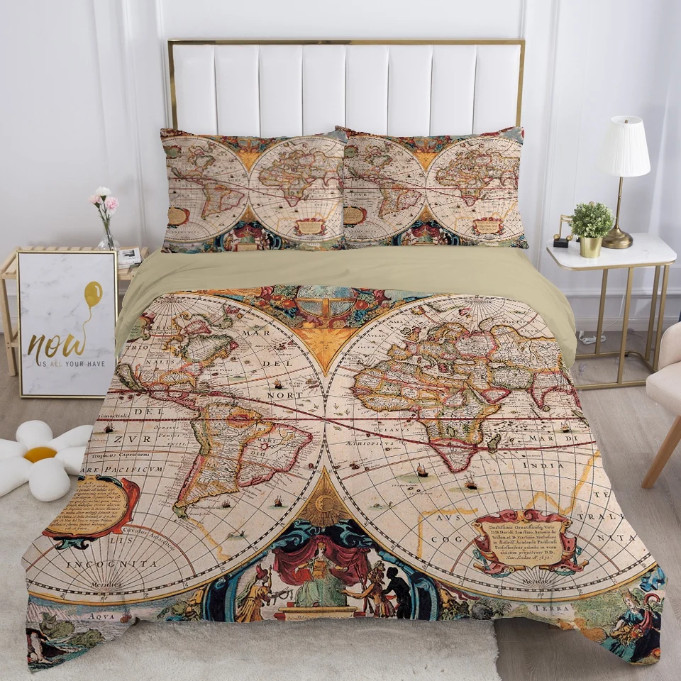 Comforter Bedding Sets Euro Double 3D Duvet Cover Set Blanket/quilt Cover and Pillowcase 220*240 King Queen Bed set Vintage map