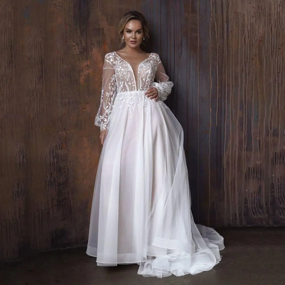 

Thinyfull Plus Size Wedding Dresses V Neck A Line Long Puffy Sleeve Bride Dresses Tulle Lace Appliques Vestidos de novia 2020