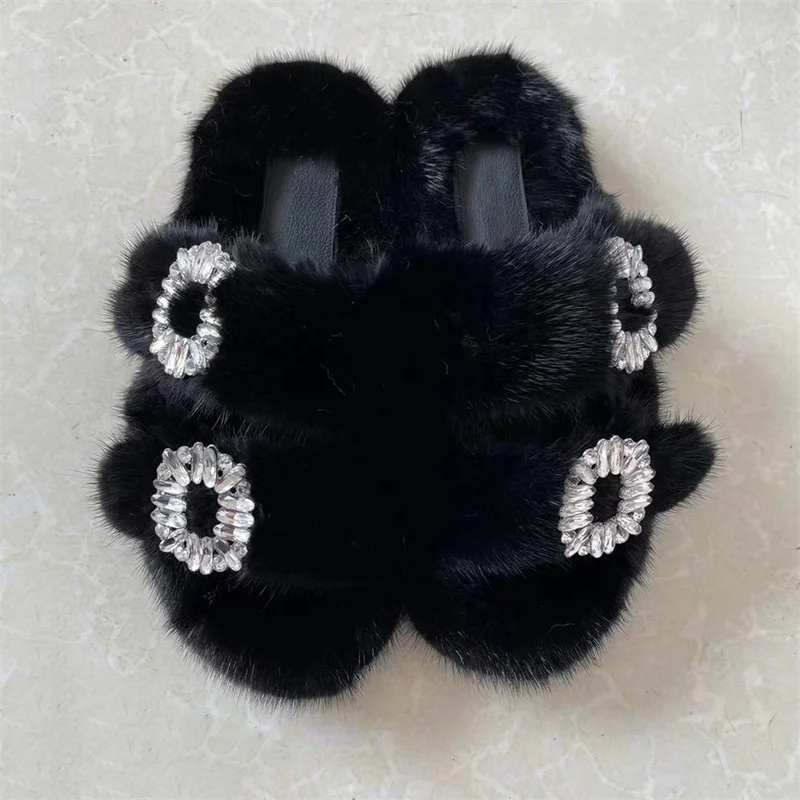 Winter Luxury Fur Rhinestone Slippers For Women Sexy Designer Wedge Heel Solid Fluffy Outdoor Shoes Wholesale Mink Fur Slippers