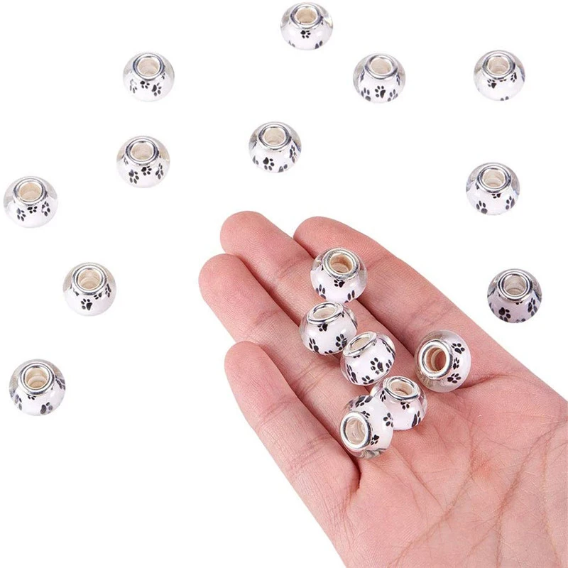 20Pcs Large Hole Puppy Pet Dog Paws Resin Murano Round Rondelle European Spacer Beads Fit Pandora Bracelet Women Crafts Jewelry