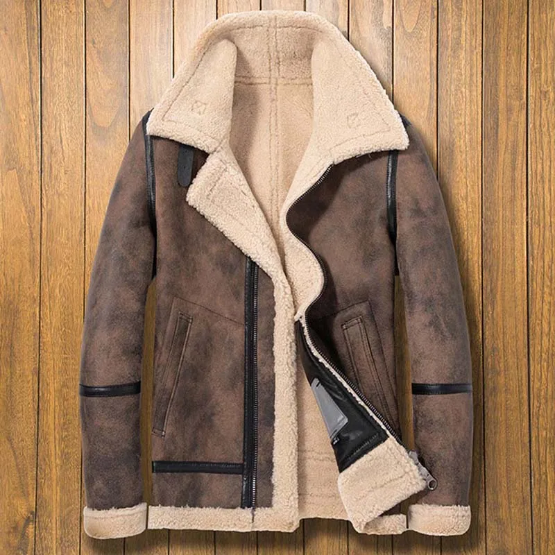 Denny&Dora Men's Shearling Sheepskin Jacket B3 Bomber Leather Coat Fur Collar Brown Winter Motorcycle