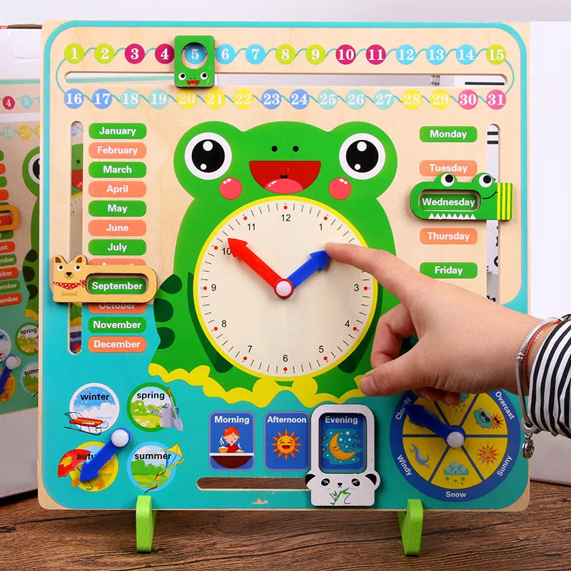 Wooden Frog Wooden Calendar Montessori Toys Baby Weather Season Clock Time Cognition Preschool Education Teaching Kids Toys Gift