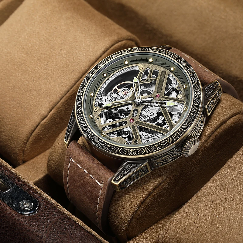 Orologio meccanico da uomo di lusso retrò di marca superiore movimento automatico self-wind cintura in pelle marrone corona a forma di diamante
