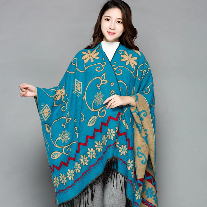 

Brand Designer Thick Autumn Winter Women's Poncho Travel Shawls Female Cashmere Pashmina Capes National Fork Thickening Cloak