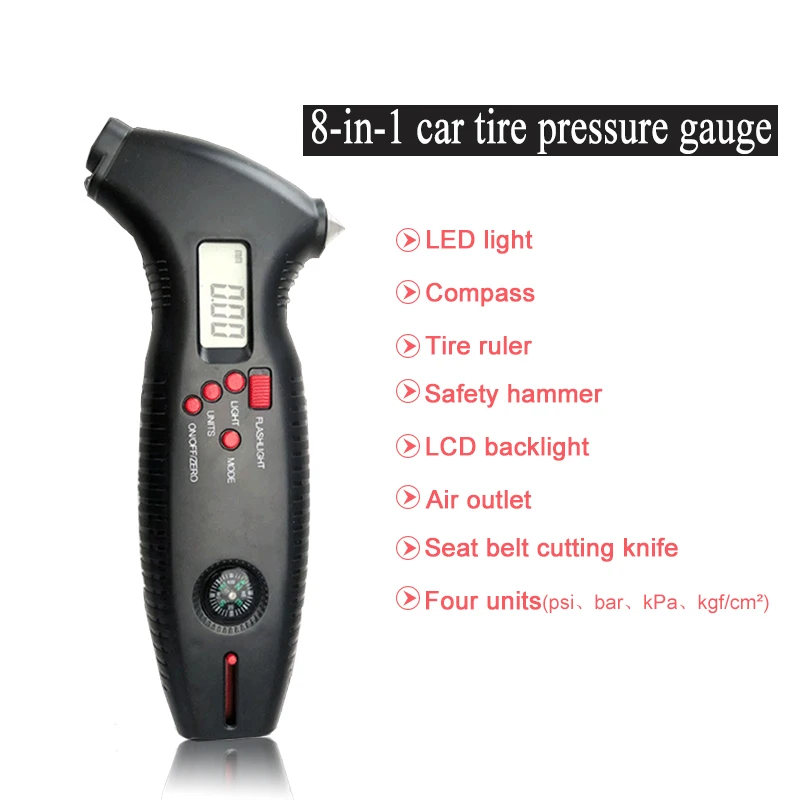 8 In 1 Digital Tire Pressure Gauge Tester 0-200 PSI Multi-Purpose Tire Depth Pressure Gauge with Safety Hammer Backlight Cutter