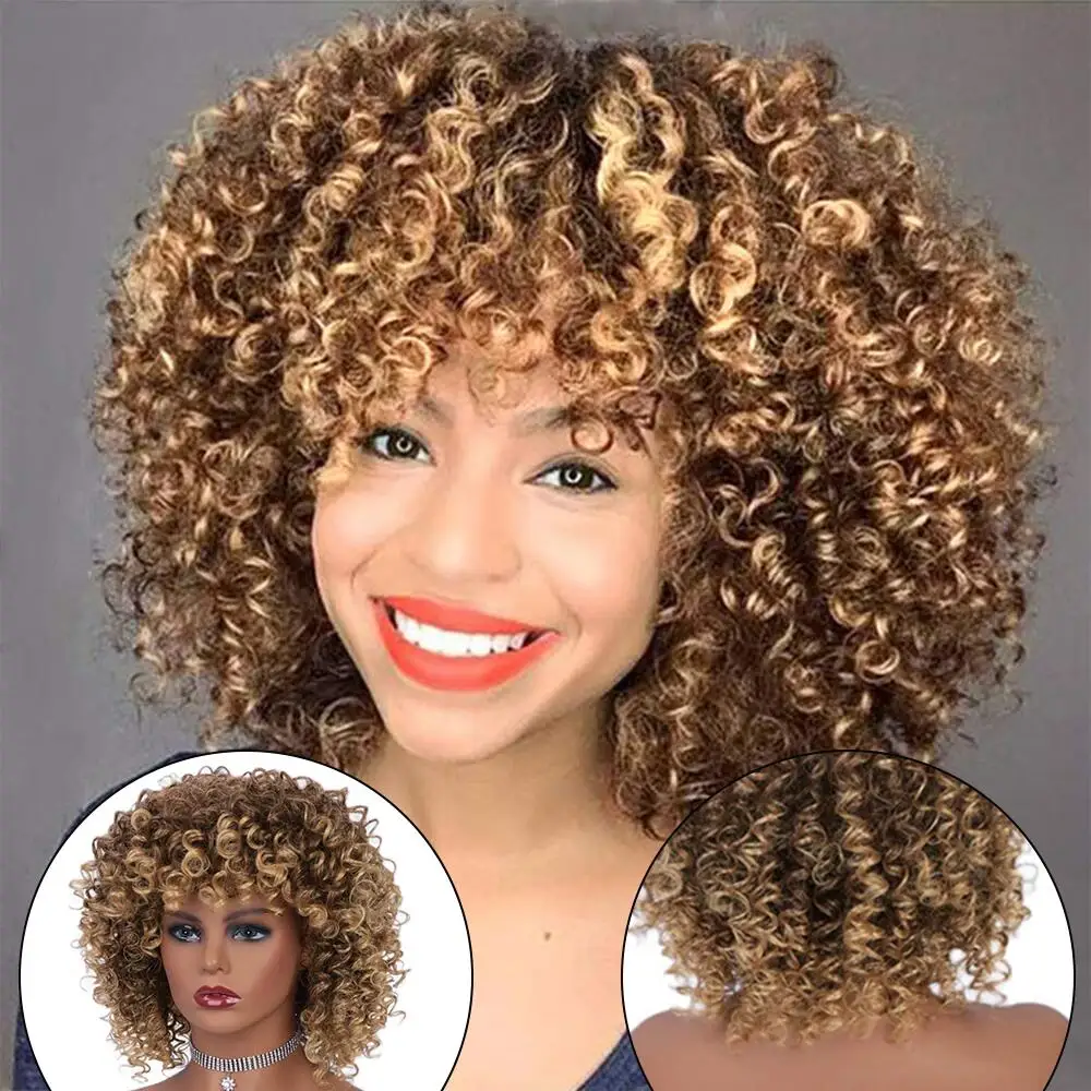 Full Machine Made Short Wigs for Black Woman Afro Curly Wig Bangs Orange Cosplay Wig Bob Red Natural Hair Brazilan Blonde